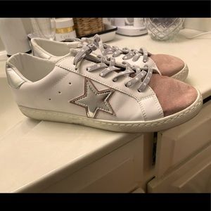 Size 10 flat white tennis shoes with highlights of pink